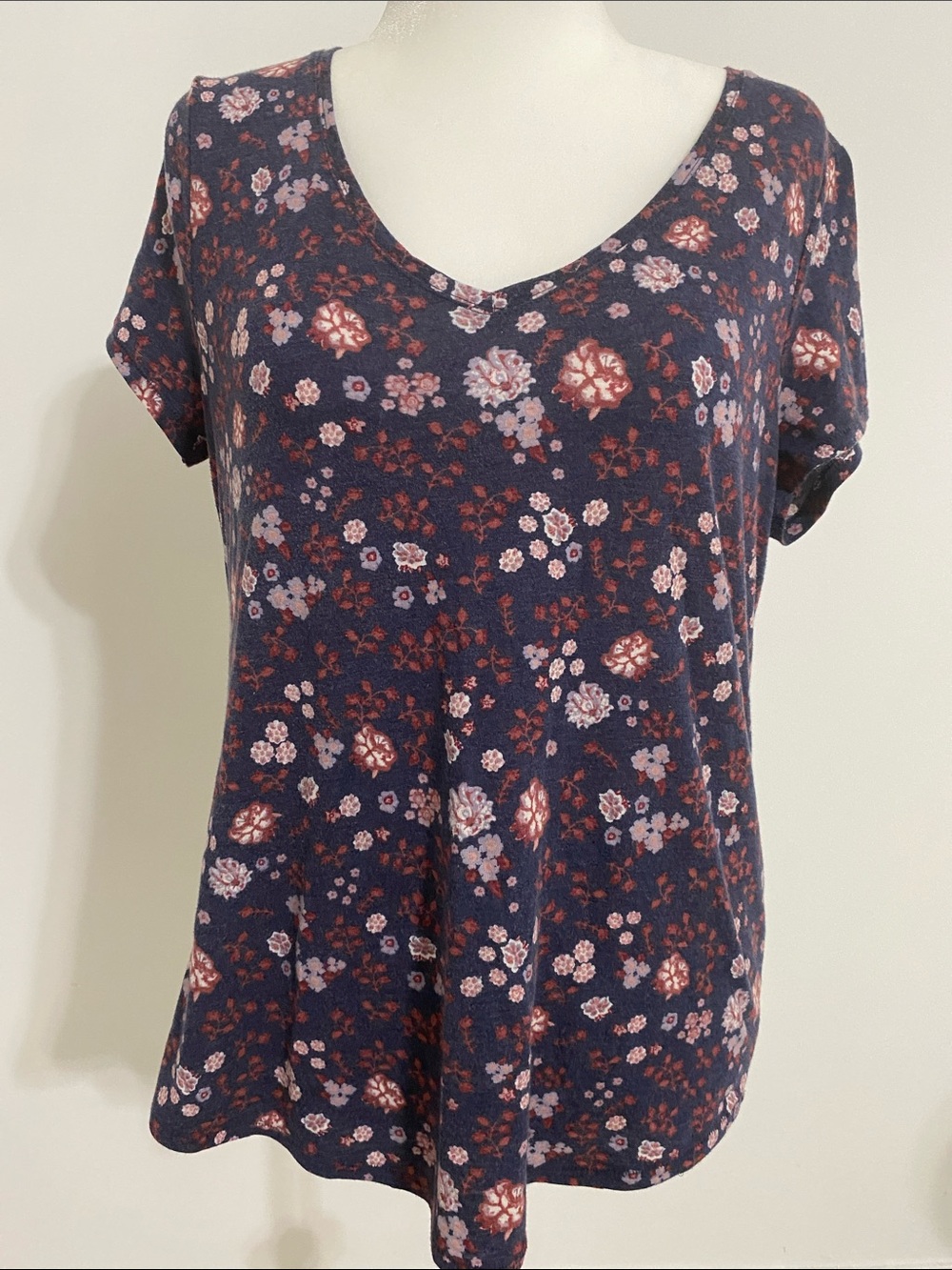 Sonoma Navy  and Dark Red Floral V-Neck Short Sleeve Tee